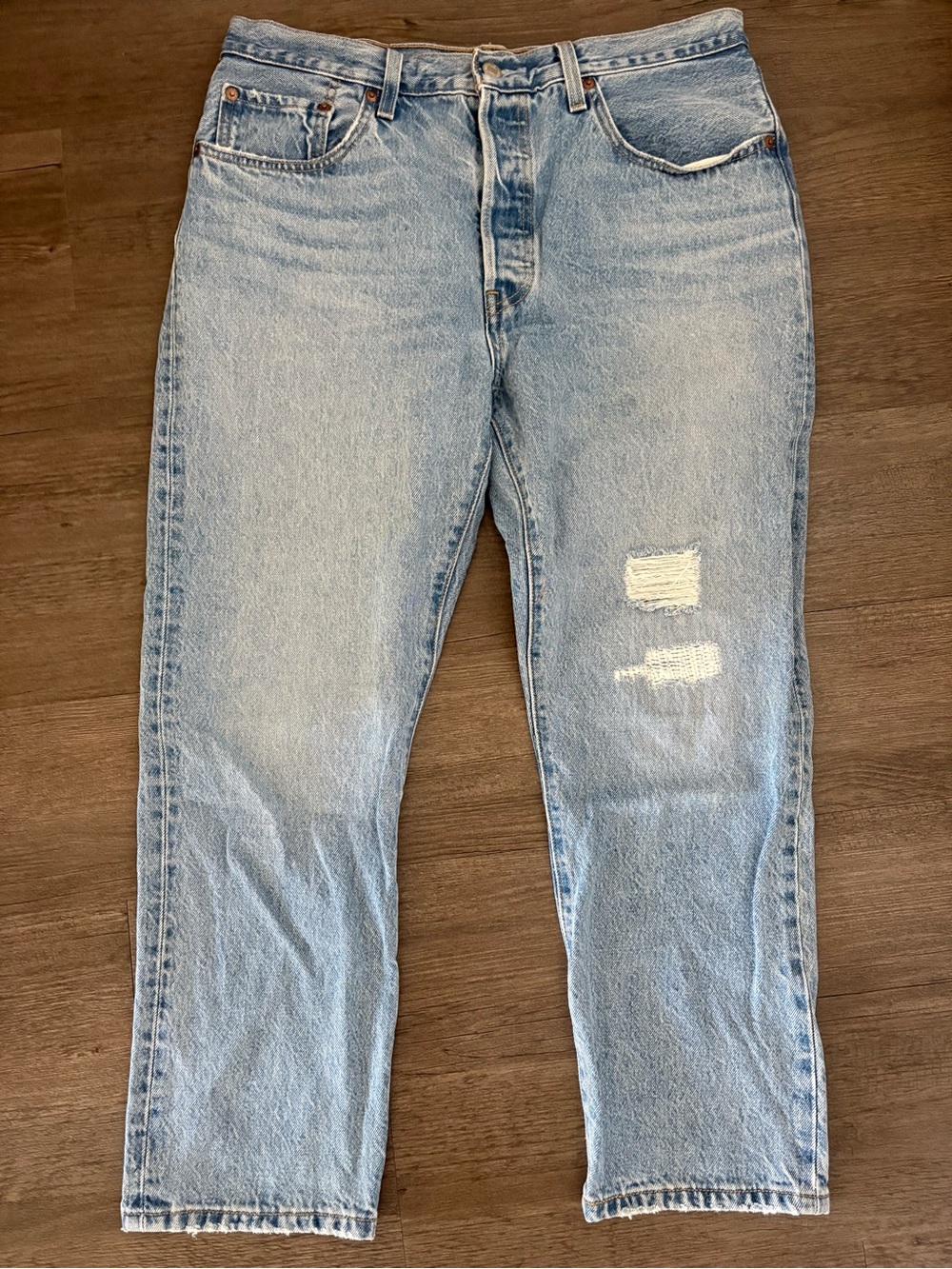 Levi 501 Straight Leg Distressed Jean Light Wash